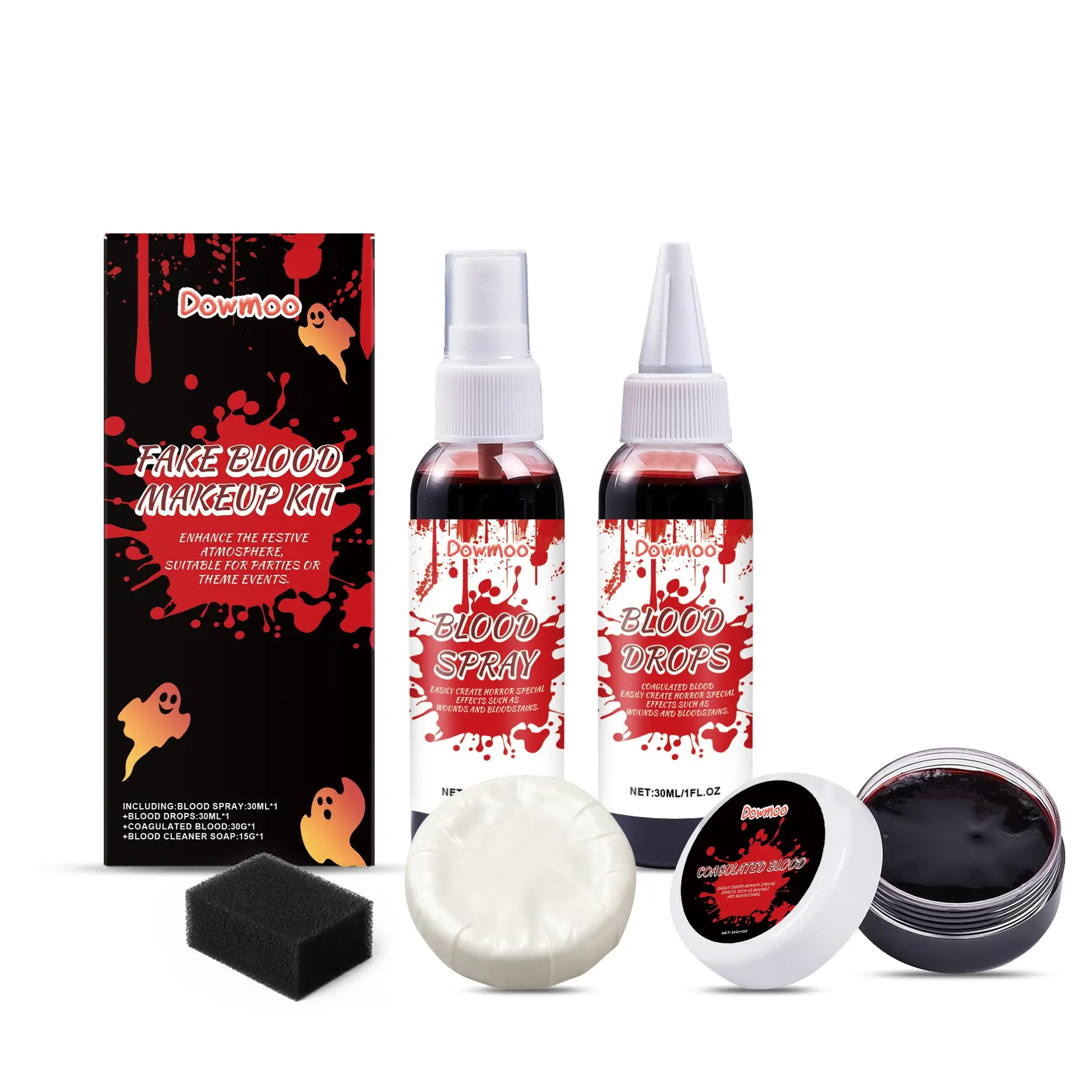 5PCS Fake Blood Halloween Makeup Kit - Coagulated Blood, Fake Blood Spray, Dripping Blood, Realistic Washable SFX Makeup for Zombie, Vampire, and Monster Costumes