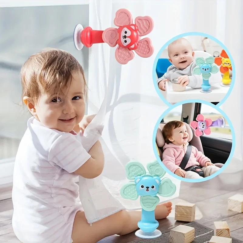 1pc suction cup rotating windmill, with teething ring, promotes motor skills, sensory development teaching aid
