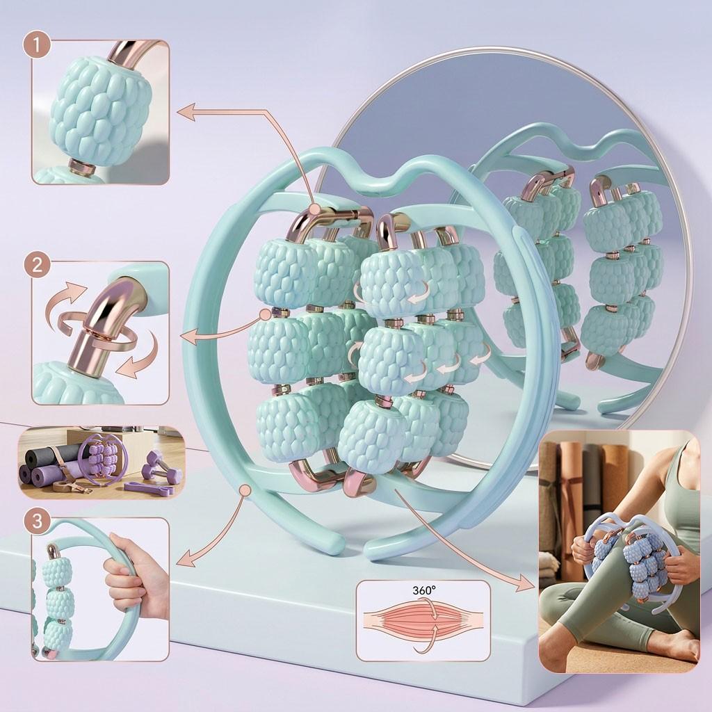 18-Wheel Circular Leg Massager, Rose Gold Metal Connectors, Ergonomic Arc Frame, Muscle Activation & Relaxation, Yoga & Home Use