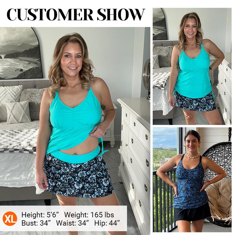 Daci Tankini Swimsuit for Women V Neck Bathing Suit Tummy Control Two Piece Swimdress Drawstring Tank Top with Skirt Bottom