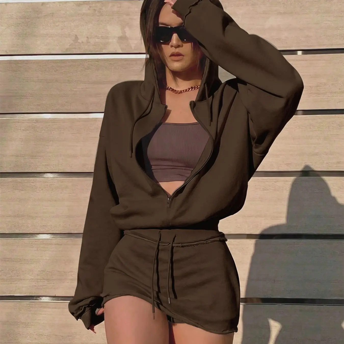 Women's Two-Piece Hooded Sweatshirt Set, Drawstring Zipper Long Sleeve Top, Elastic Waist Short Skirt Pants, Casual Fall Clothes