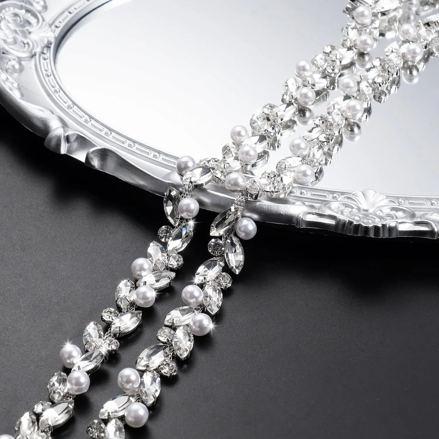 Pearls Silver Rhinestones Trim Chain 3 Yards - Crystal Applique Sewing on Rhinestone for Wedding Bridal Dress, DIY Jewelry Making, Crafts, Clothing, Cake Decoration, Shoes, Bags Embellishment（T214,3Y）