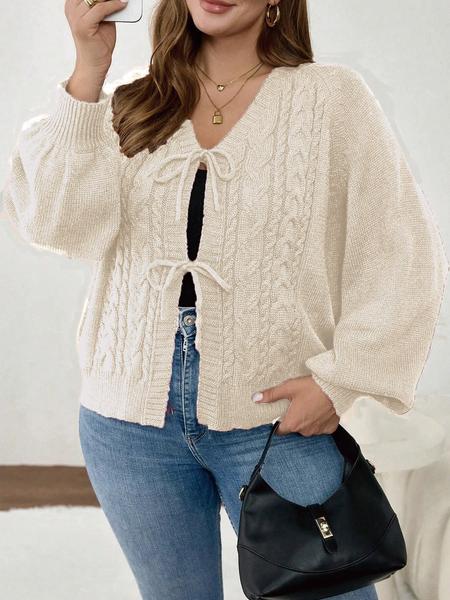 Plus Size Women's Blue V Neck Knit Cardigan Knitwear, Casual Long Sleeve Pullover, Fall & Winter Fashion, Comfortable Plain Design