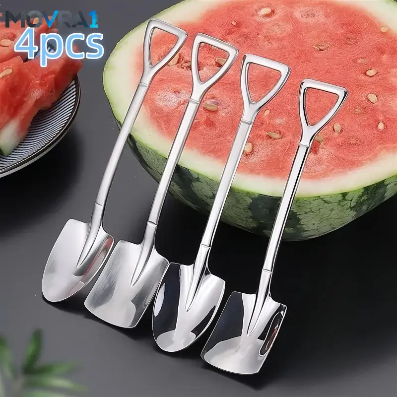 MOVRA1 Stainless Steel 4pcs Portable Dessert Spoons - Creative Watermelon Spoon, Fruit Spoon, Soup Spoon & Tableware Utensils Outdoor Kitchenware Cutlery