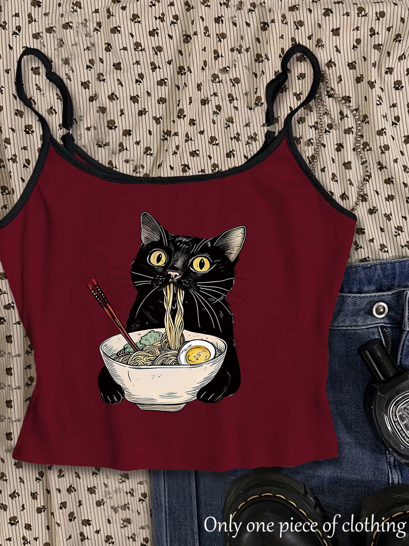 Y2K Gothic Style Cat Print Crop Top, Adjustable Straps, Slim Fit, Sleeveless, Streetwear, Summer New Arrival, Daily Wear, Office