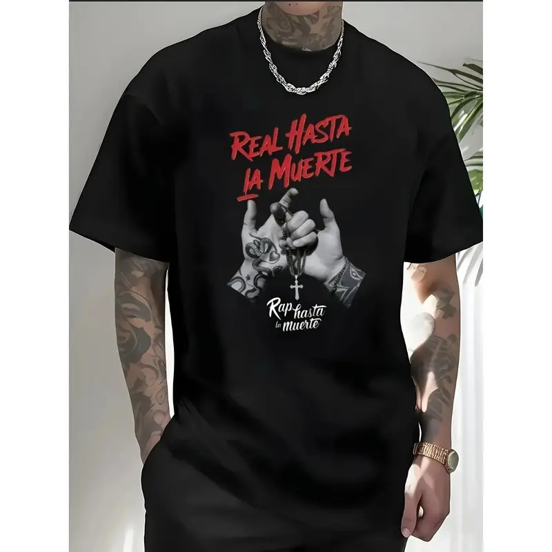 Men's Cotton Graphic T-Shirt with 'Real Hasta La Muerte' Tattooed Hands Print, Soft Short-Sleeve Street Style for Casual Wear, Round Neck, Streetwear, Tshirt, Menswear, Top, Shortsleeve, Simple, 100% Cotton Soft, Graphic Print Stands Out, Easy Streetwear,