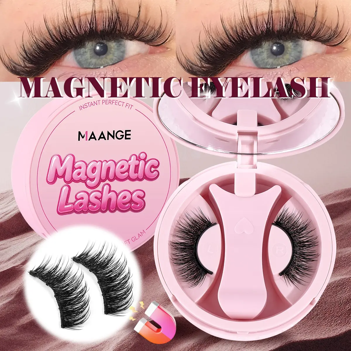 MAANGE 1 Pair Magnetic Eyelashes Set with Applicator, Glue-Free Reusable Wispy Magnetic Lashes, Invisible Thin Lash Band, Quick Easy Application for Beginners, Dramatic Voluminous Eye Makeup, Volumized Fake Eyelashes