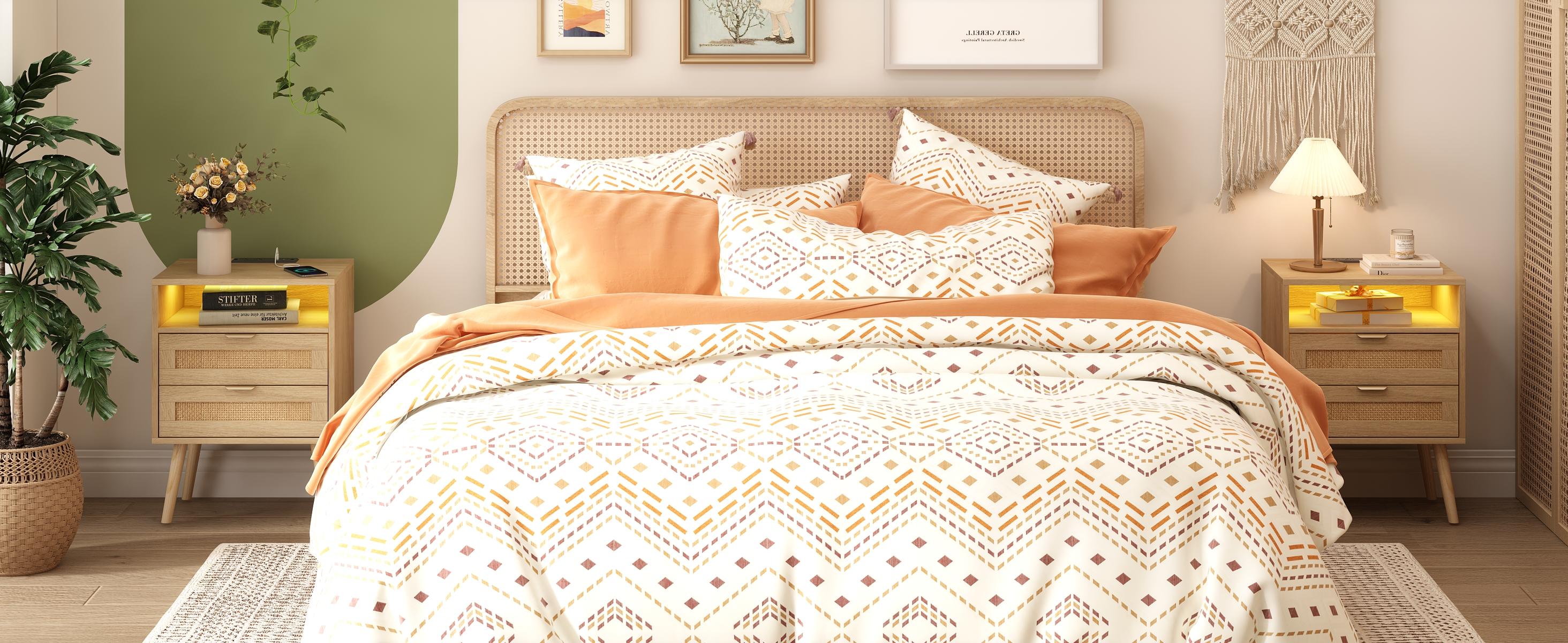 Vabches Rattan Nightstand with Charging Station & LED Lights, Modern Entryway Table with USB Ports and 2 Storage Drawers, Bedside Table for Bedroom