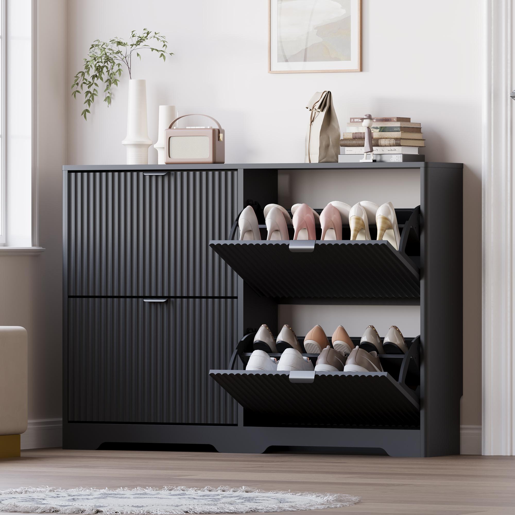 Shoe Cabinet Storage for Entryway with 4 Flip Drawers, Black Fluted Shoe Cabinet with Adjustable Shelves, Wooden Hidden Shoes Rack Freestanding Narrow Slim Shoes Storage for Hallway, Entrance