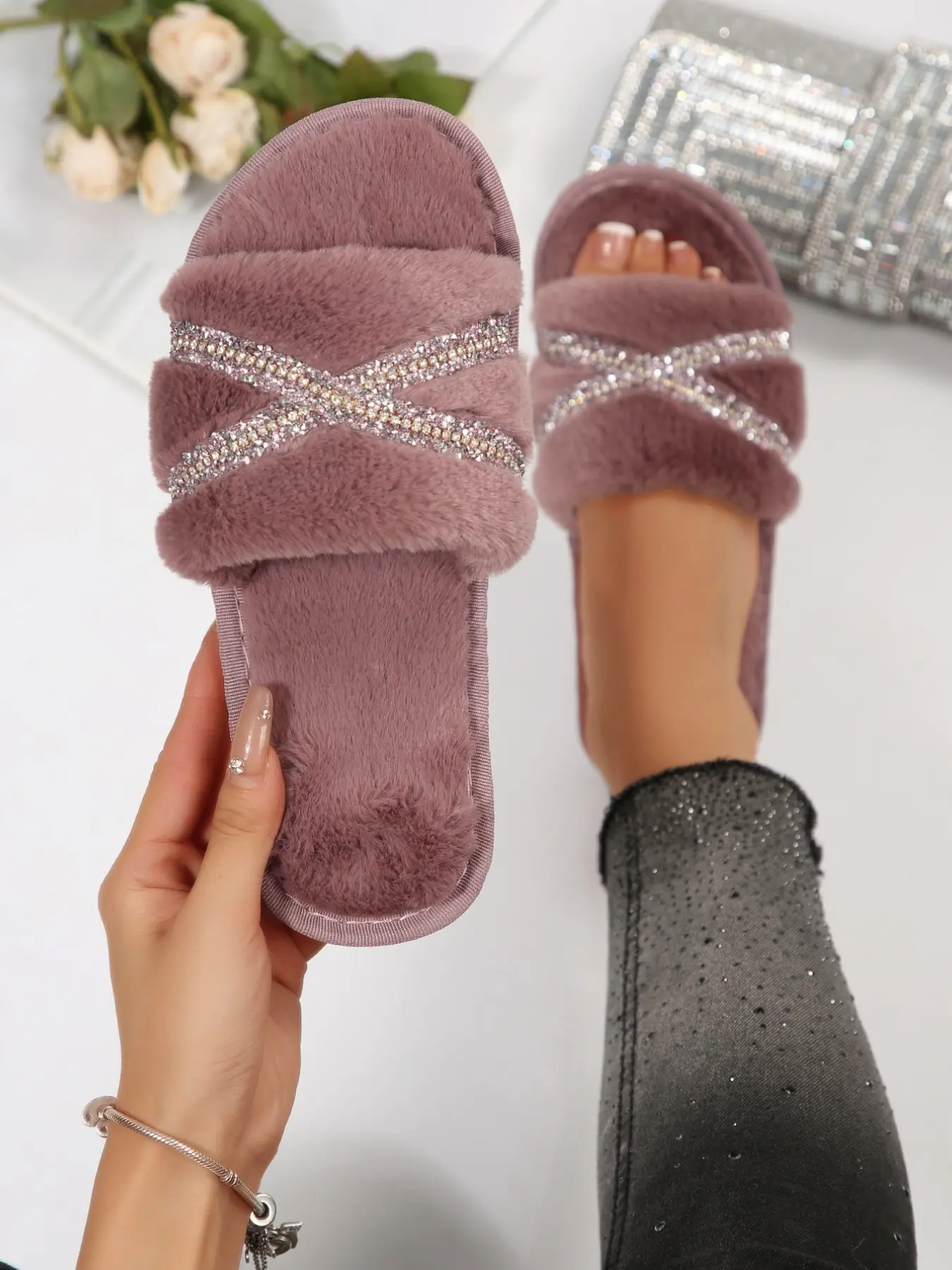 Autumn Winter Plush Rhinestone Cross Slippers, Warm Fuzzy Comfortable Open-Toe Home Shoes, Cozy Textile Rubber Sole Casual Footwear