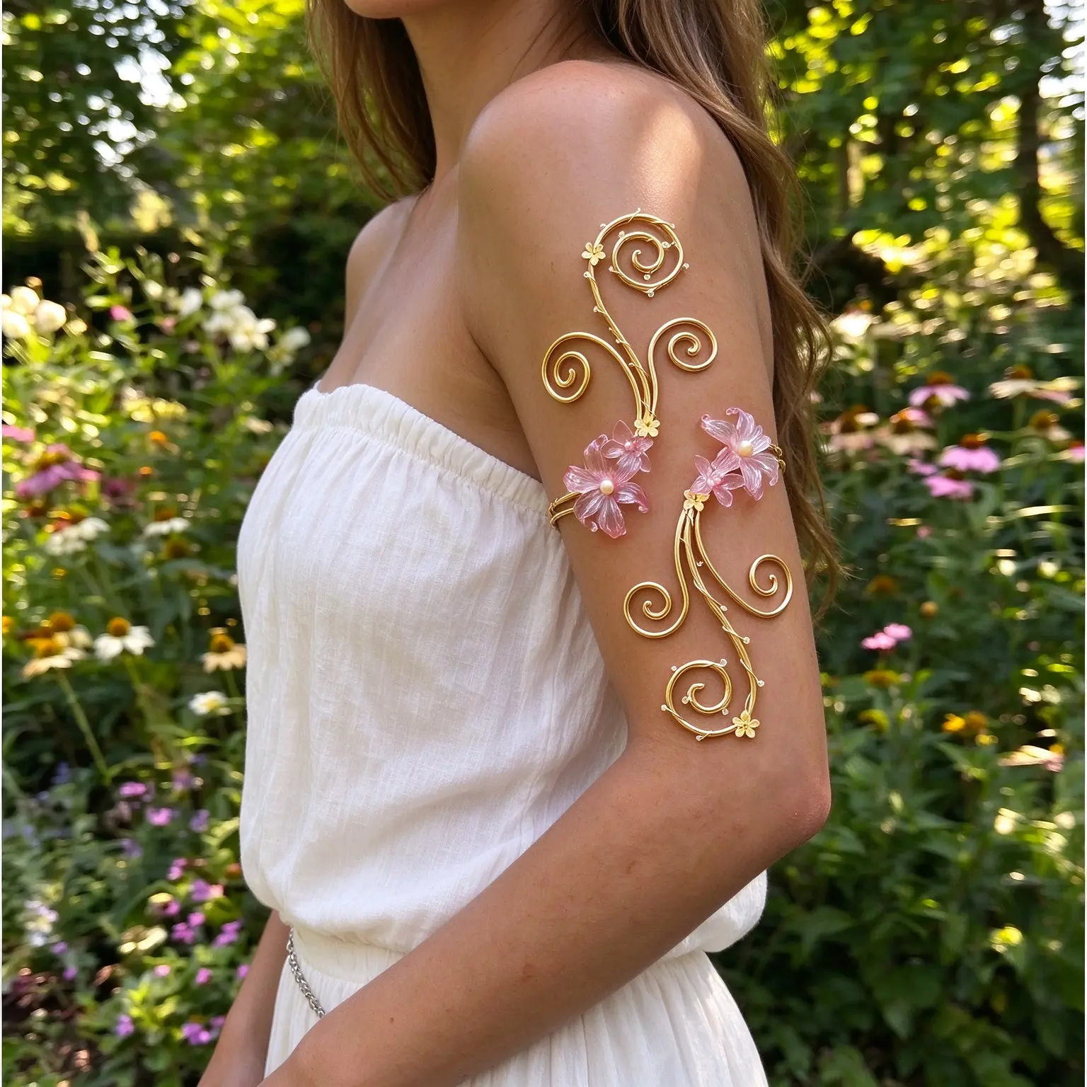 Dreamy Fairy Style Pearl Spiral Arm Cuff, 3D Flower Metal Spiral Design, Beach Party & Music Festival Fashionable Jewelry, 1 Piece