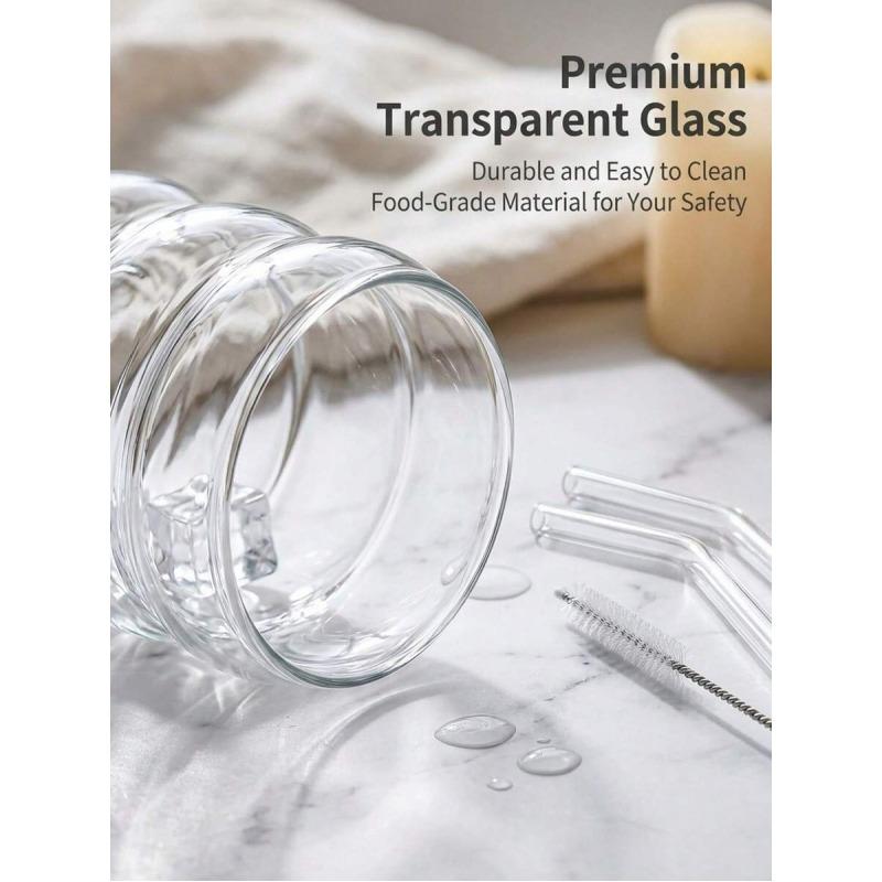 9 Piece Premium Clear Wavy Ripple Glass Tumbler Set Heat Safe Borosilicate Glasses Matching Glass Straw And Cleaning Brush, Drinkware