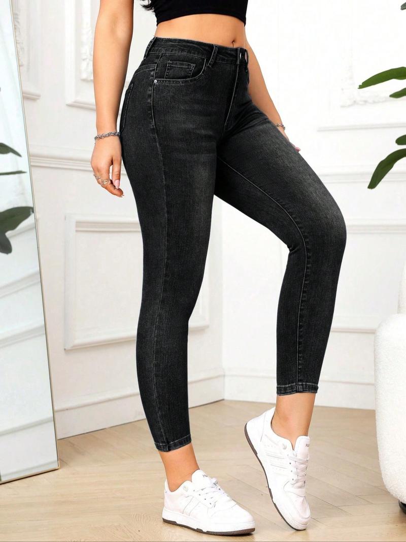 Women's Petite High-Waisted Elastic Belted Pocket Skinny Jeans, Casual Slim Fit Ninth-Trousers, All-Season Wear, Elegant Daily