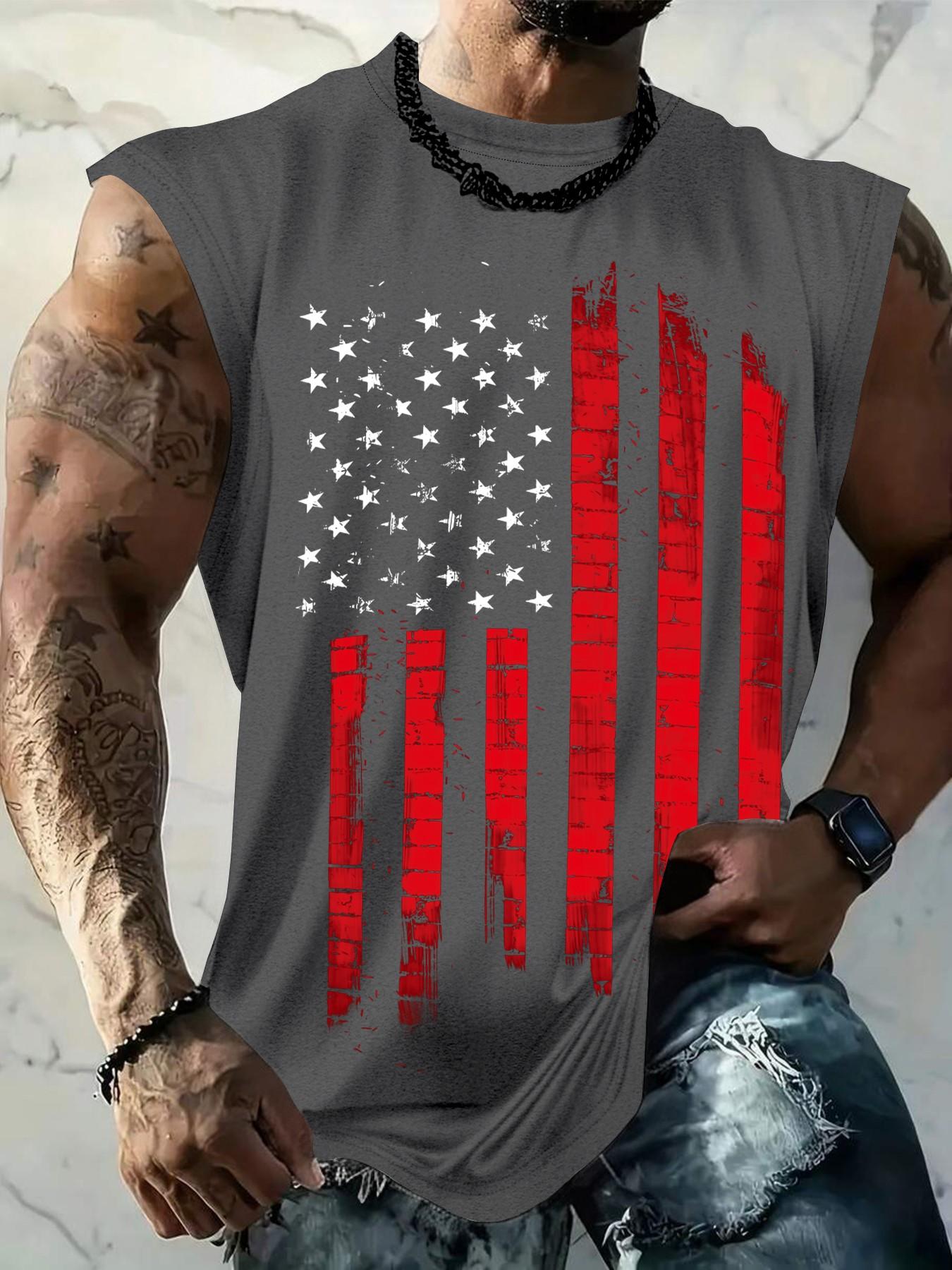 Men's American Flag Print Tank Top, Regular-Fit Casual Sleeveless Top for Daily Outdoor Wear, Men's Clothes for Summer Men's American Flag Print Tank Top, Regular-Fit Casual Sleeveless Top for Daily Outdoor Wear, Men's Clothes for Summer