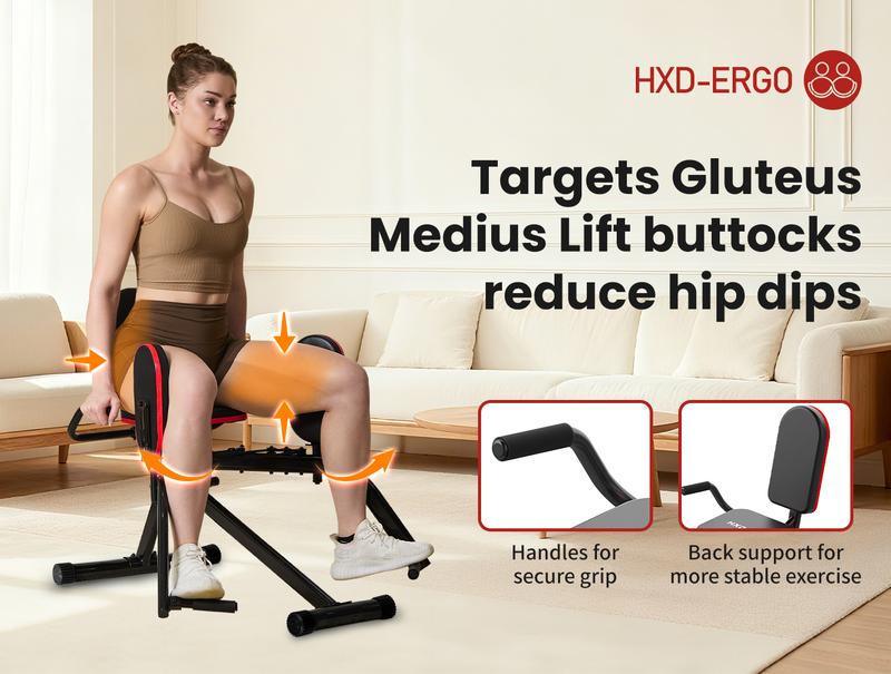 HXD-ERGO Hip Abductor Machine for Home Gym, 4-Level Glute Machine & Thigh Workout Equipment, Booty Builder with Plush Padding, Compact Leg Exercise Euipment for Women & Men