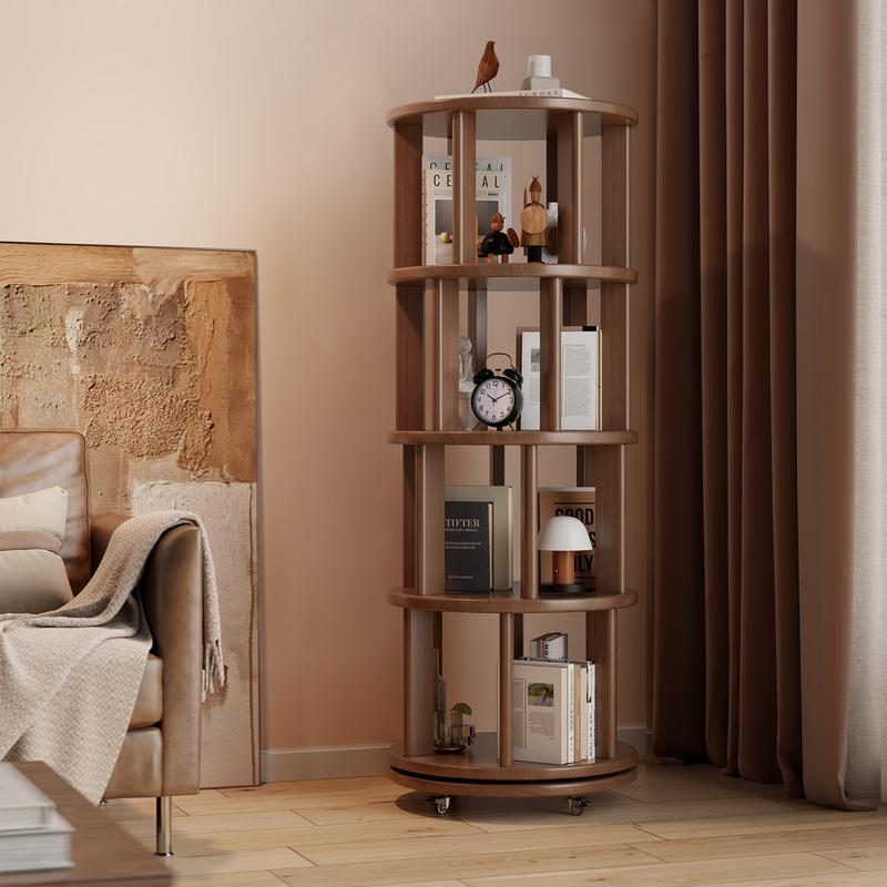 【School】100% Solid Wood - No MDF, Rotating Bookshelf on Wheels, Spinning Bookshelf Tower 360° Display Unique Round Bookcase for Home Study and Office Organization Furniture Stand