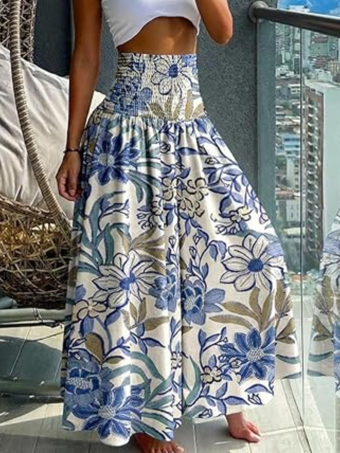 Boho Print Ruched Flowy High Waisted Wide Leg Pants, Bohemian Wide Leg Flowy Long Pants for Summer Beach Vacation, Casual Boho Pants, Women's Fashionable Loose-Fitting Bottoms