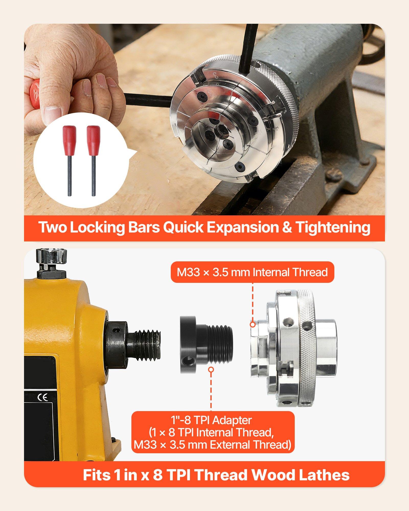 VEVOR 4 Inch Wood Lathe Chuck, 4-Jaw, Self-Centering Wood Turning Chuck Set with 1" x 8TPI Thread & Adapter, 4 PCS Round/Step/Pin Jaws, Case, Nickel-Plated, High-Hardness Steel, for Woodworking Lathe