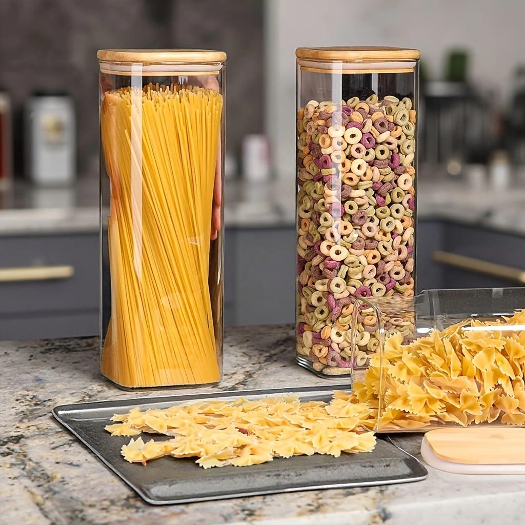 Square Glass Sealed Jars Set, Kitchen Organizer with Bamboo Lids, Multi-Capacity Storage Containers, Food Storage Jar, Coffee Spice Candy Pasta Decor