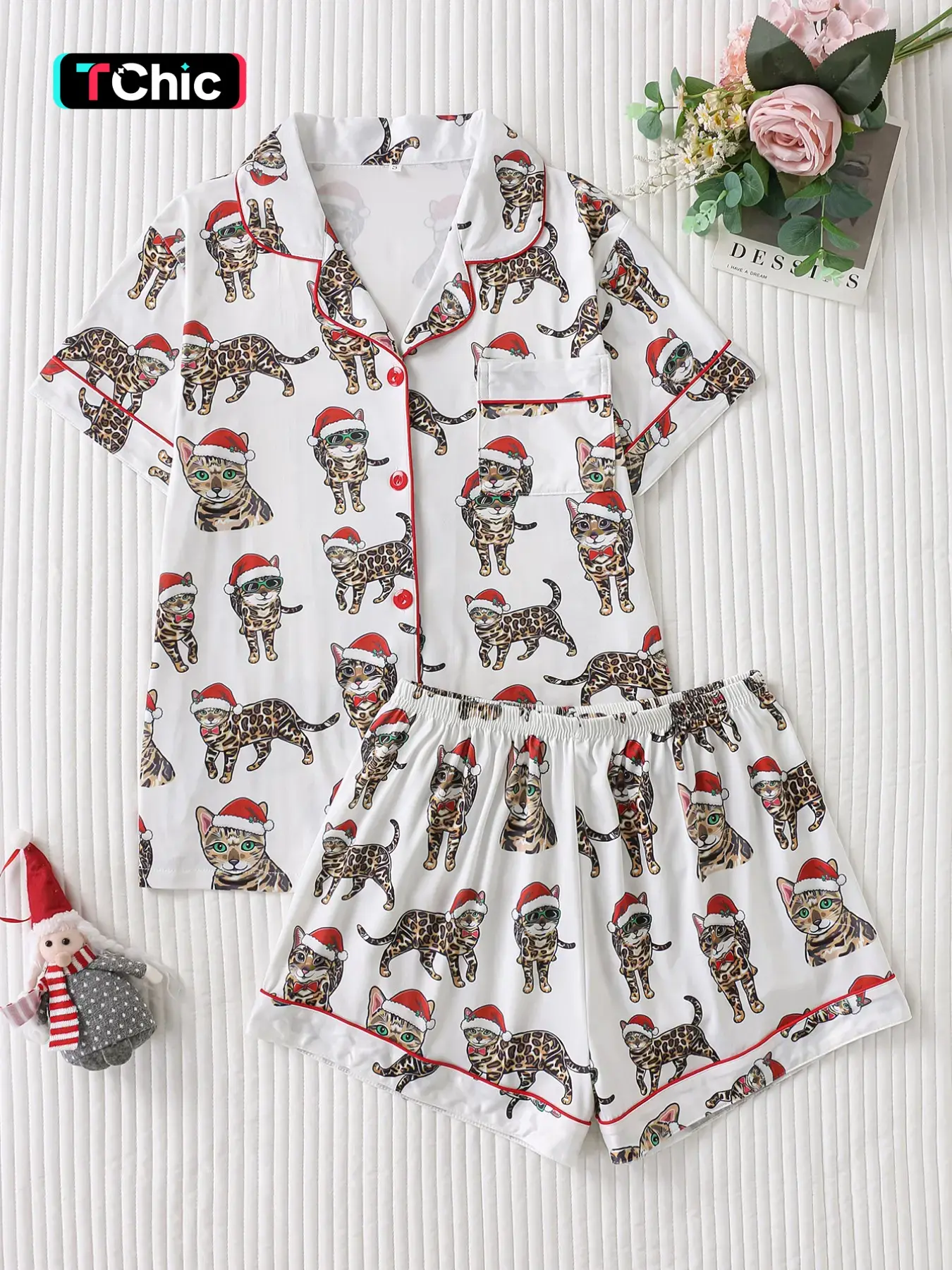 Two-Piece Christmas Cat Print Women's Pajama Set, Soft Satin Fabric, Comfortable Loose Fit, Button Front, Short Sleeve Top and Shorts, Pyjamas, Loungewear, Women Sleepwear Set