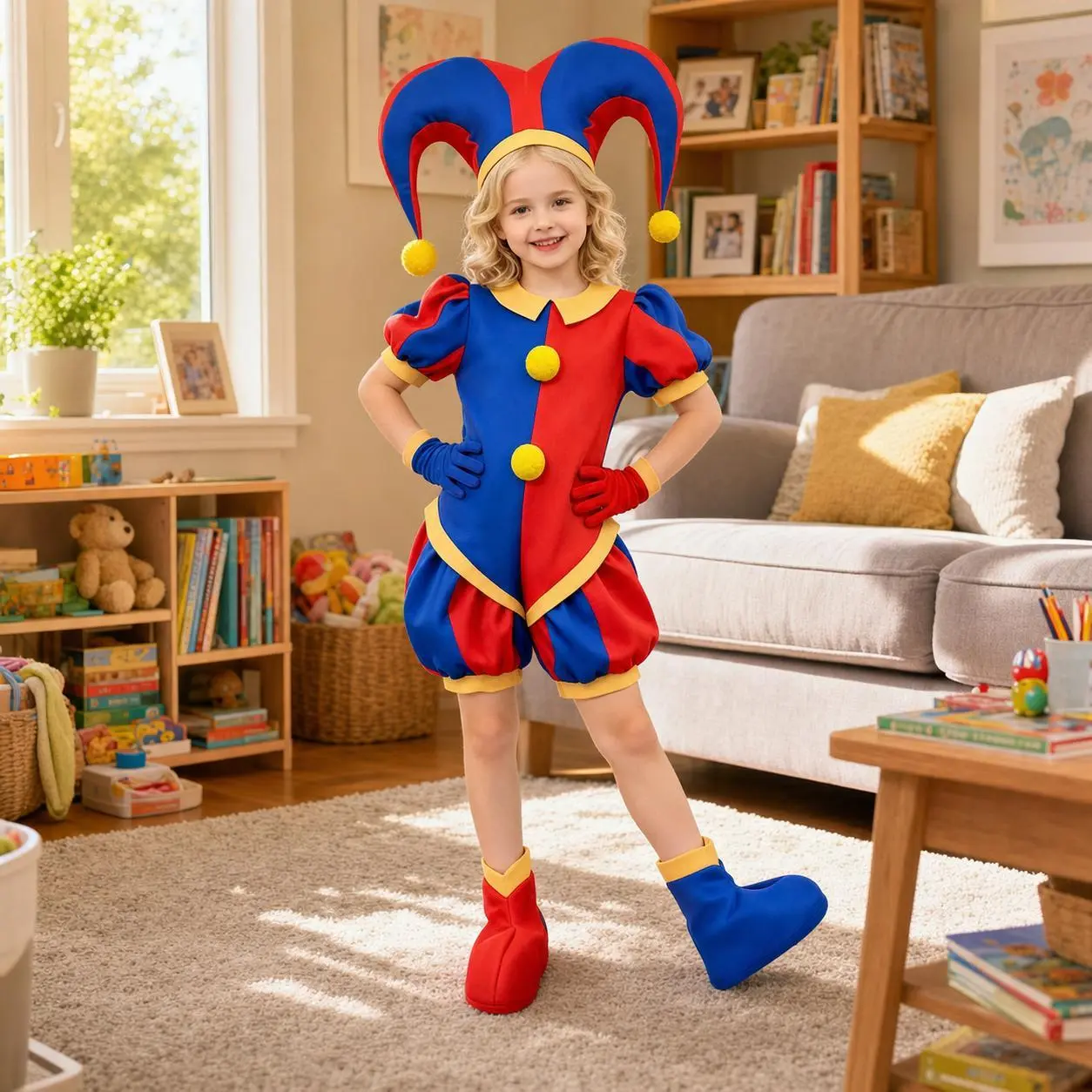 Kids Adults Red Blue Jester Clown Costume, Boys Girls Complete Harlequin Outfit with Hat Gloves Shoe Covers, Circus Cosplay Jumpsuit for Halloween Carnival Birthday Party Stage Performance, Boys Girls Full Set Fancy Dress Up