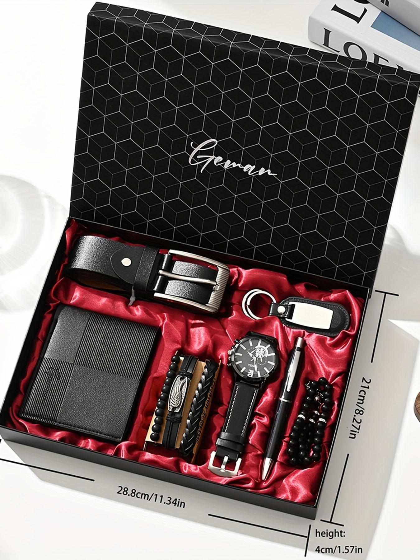 PU leather business men's watch set (wallet + belt + keychain + bracelet + watch + pen + rosary), simple quartz watch set 7pcs/set, exquisite watch gift box, suitable gift box for men