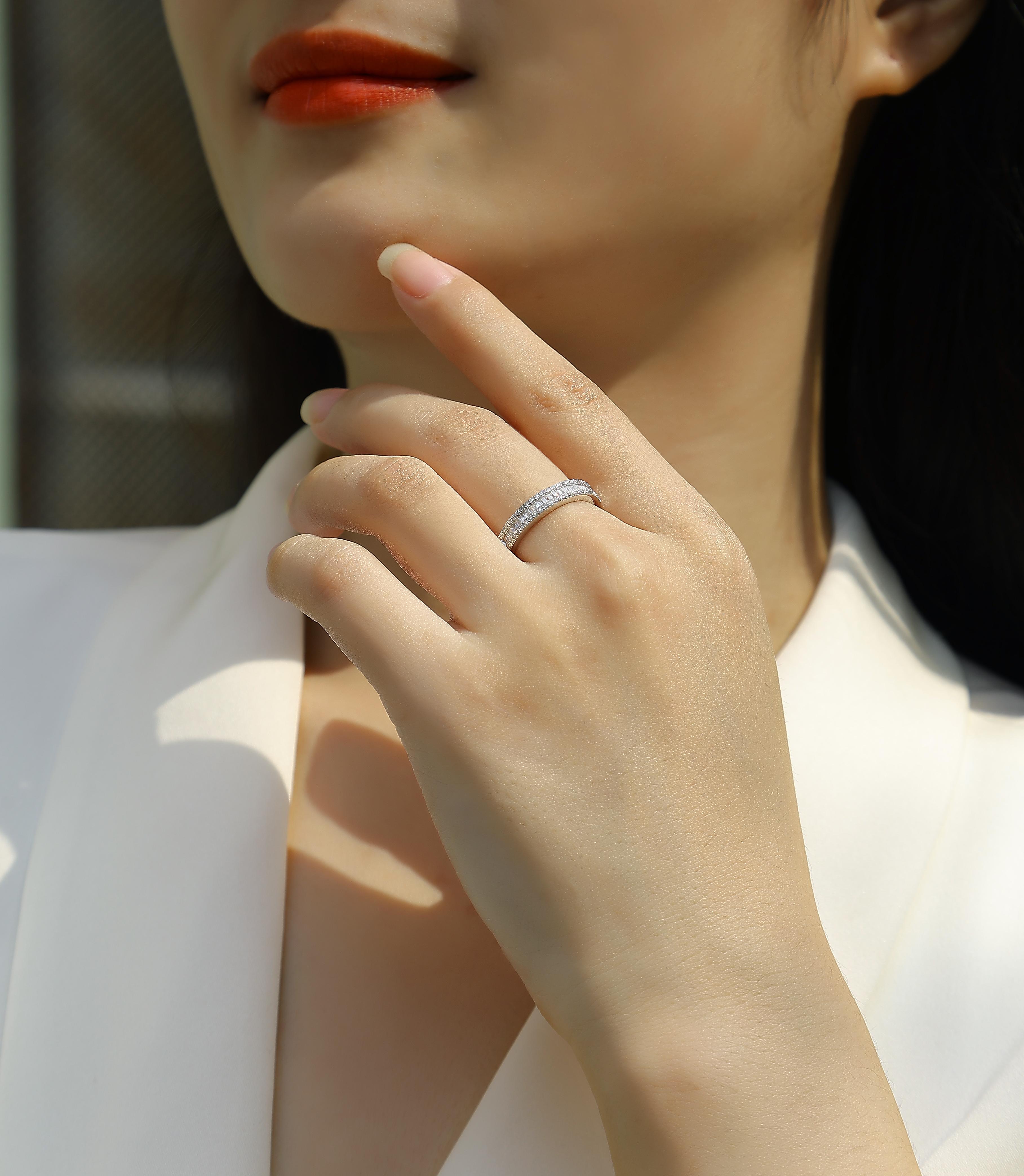 [TW] "Vivid" Emerald Cut Channel Set Moissanite Wedding Band 1.32ct Carat Baguette Moissanite Eternity Band VVS1 D Color 925 Sterling Sliver 18k Platinum Plated Rings for Women (R13129)