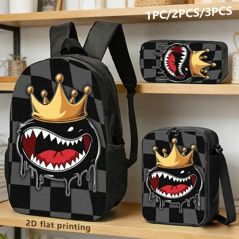1PC/2PCS/3PCS backpacks, shoulder bags and storage bags, all use black and gray checkerboard base color, the center is printed with a black monster head wearing a golden crown, the mouth is exposed, the red tongue is exposed, and the jaw drips black liqui