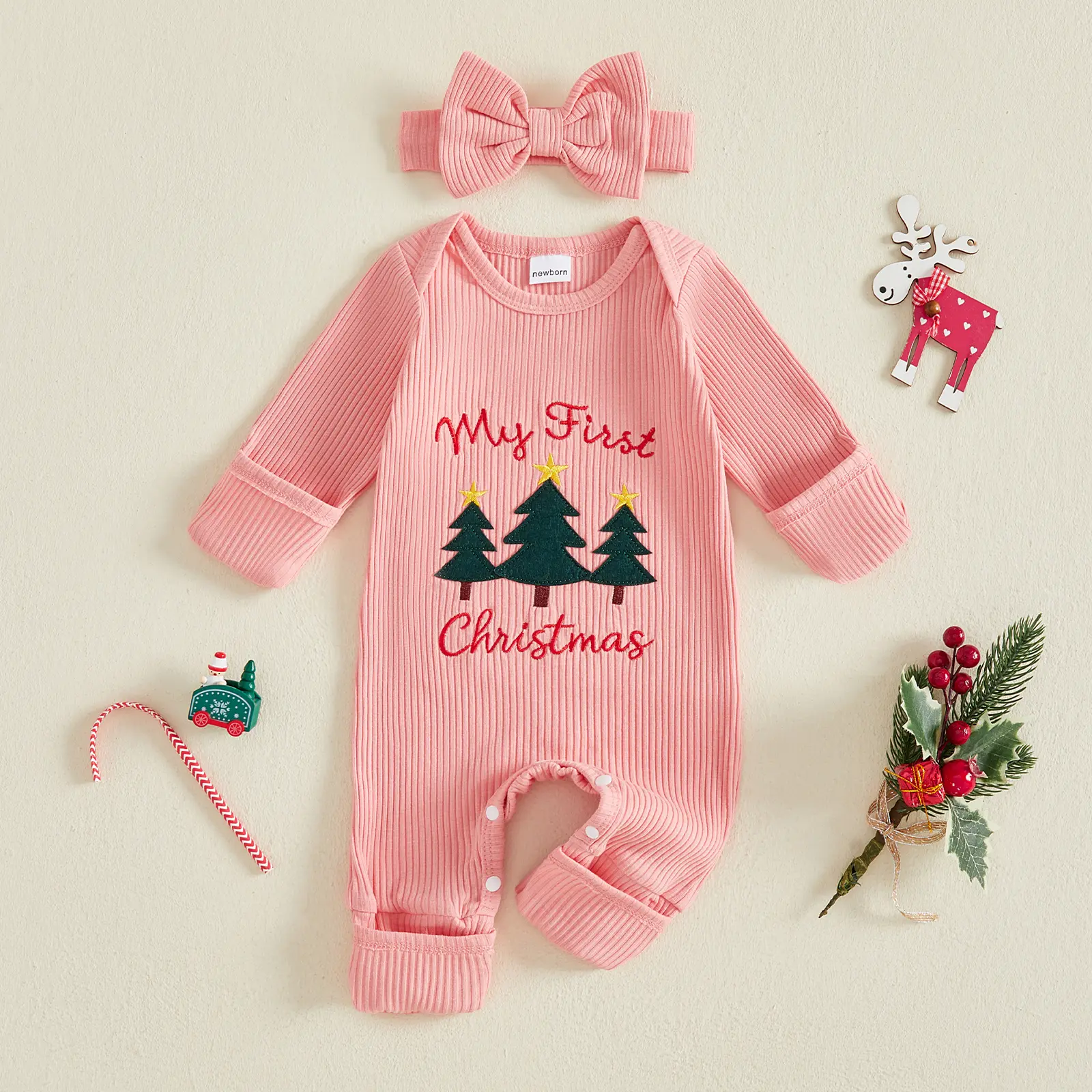 Canrulo Newborn Baby Girl Christmas Outfit My First Christmas Tree Applique Ribbed Jumpsuit and Headband 0-6M