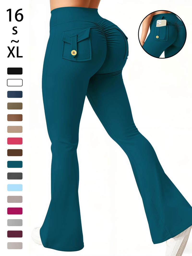 Women's High Waisted Tight Fit Flare Pants with Pockets, V-Shape Waist Design, Butt Lifting Yoga Pants, Casual Fall Winter Workout Wear, High Stretch Leggings