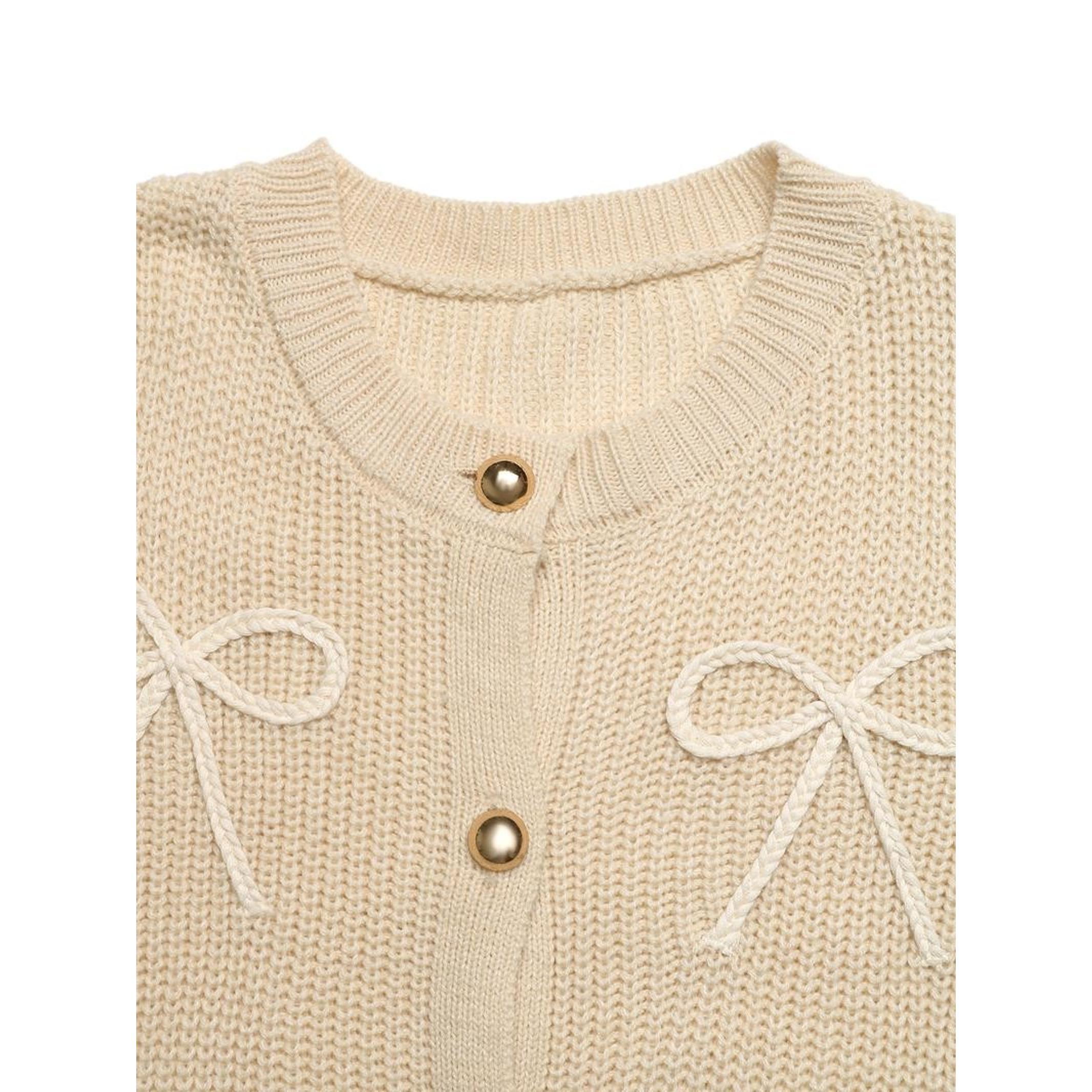 Elegant Bow Embroidery Round Neck Single Button Cardigan Sweater for Women, High-Quality Versatile Knitwear, Perfect for Export
