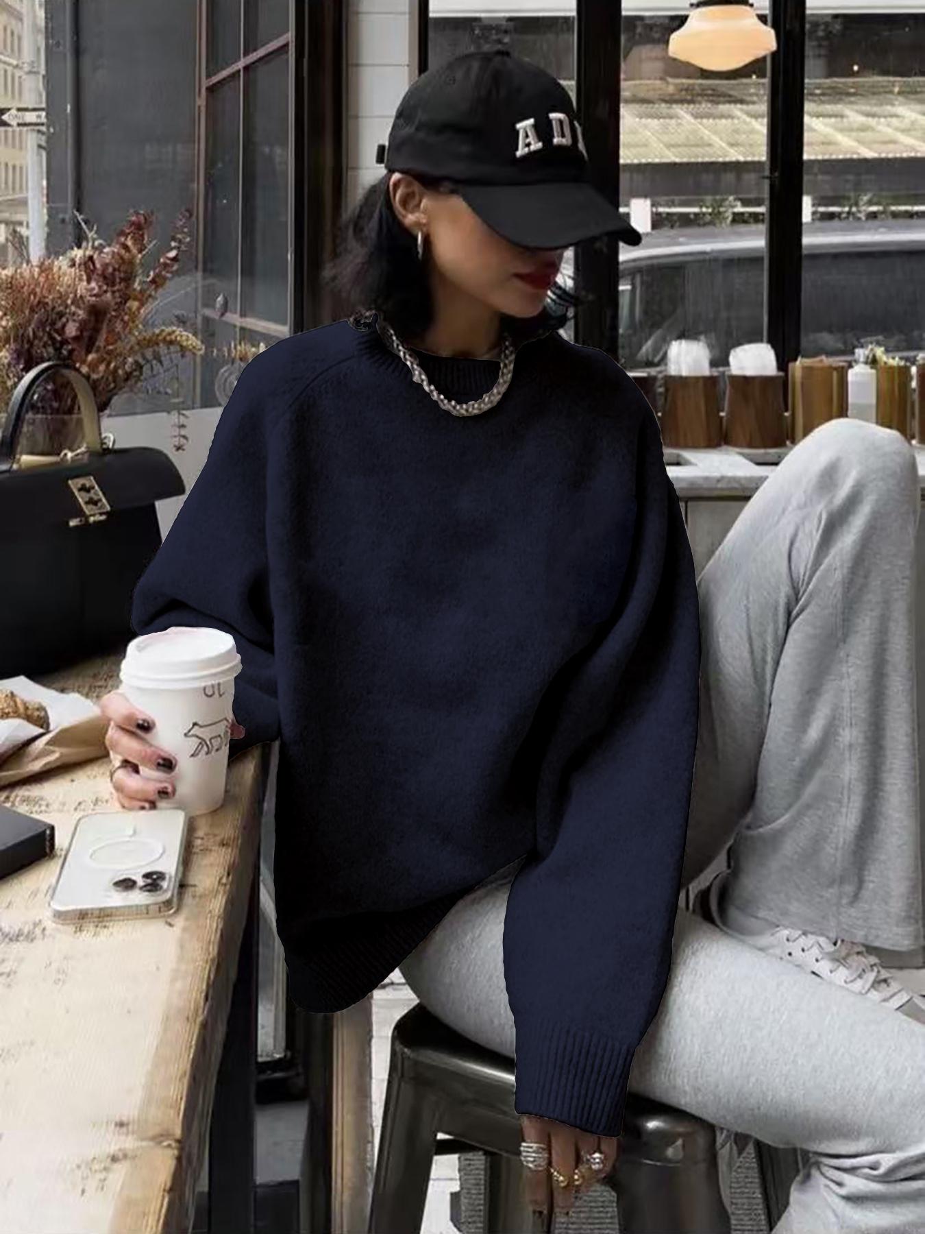 Women's Loose-Fitting Casual Knit Sweater, Soft Round Neck Long Sleeve Pullover, Simple Comfortable Solid Color Fashion Top