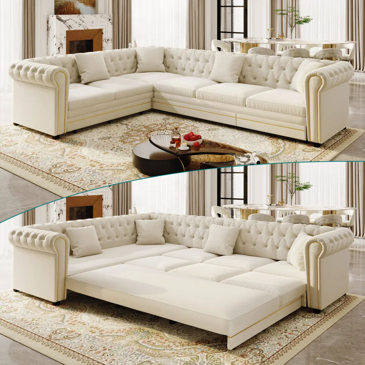Aobtkel115.3" L-Shaped Sofa Couch with Pull-Out Bed, Oversize Convertible Sleeper, Velvet Button Tufted Couch, Gold Trim Rolled Arms, Oversized Deep Seat Luxury Sofa with Throw Pillows ,Convertible Sofa Bed with Storagefor Living Room, Apartment