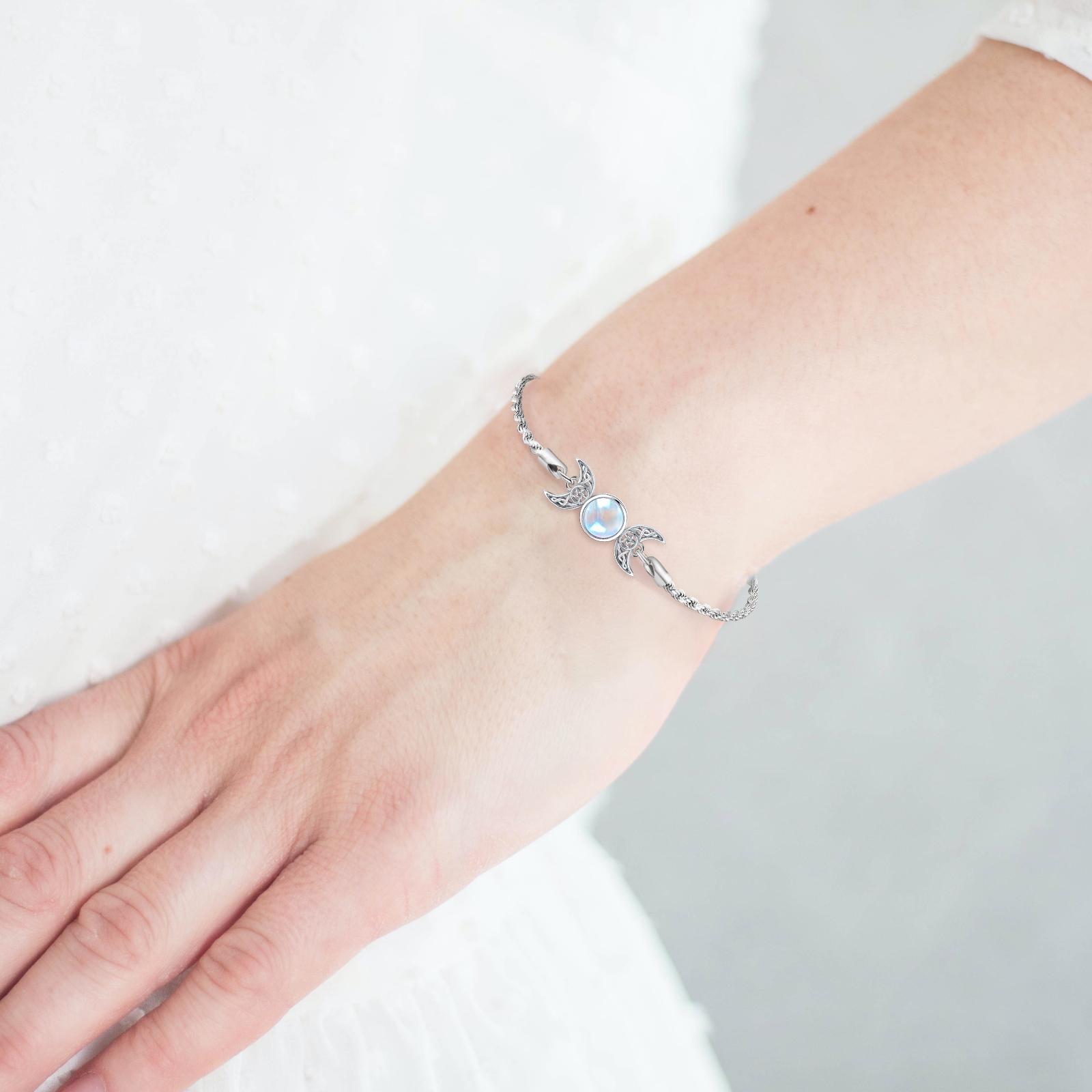DRINSPER Moonstone & 925 Sterling Silver Elegant Bracelet, Hecate Triple Moon Goddess Bracelet, Artificial Moonstone, Pagan Wiccan Amulet Bracelet, Artificial Moonstone,Fashion Celtic Knot Crescent Moon,Elegant Jewelry Accessory for Women Girlfriend Girls