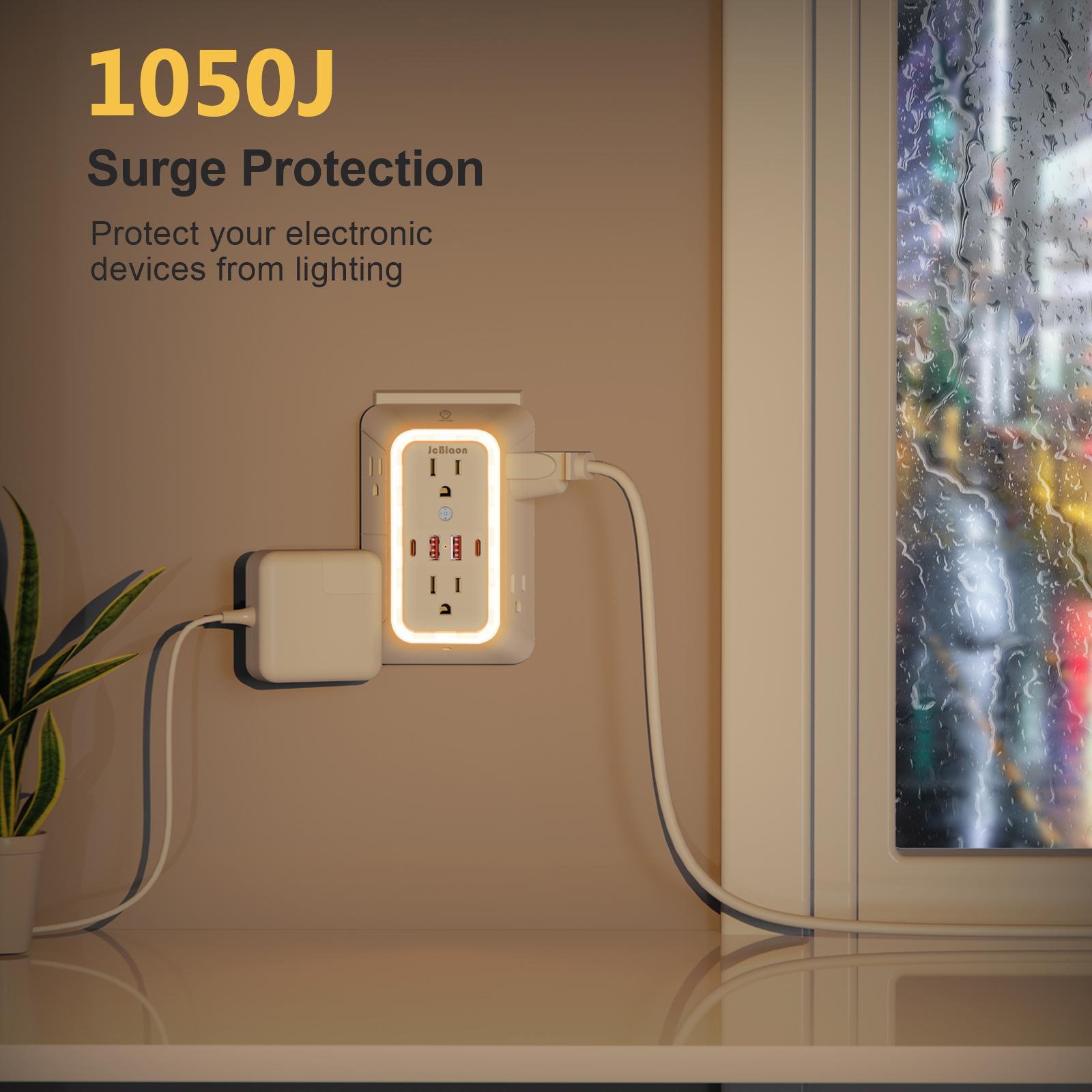 2 Pack Wall Outlet Extender with Night Light, 6 AC Outlets 4 USB Charging Ports , 1050J Surge Protector Power Strip, Multi Plug Outlet Adapter for Home, Travel, Office（Black and White）