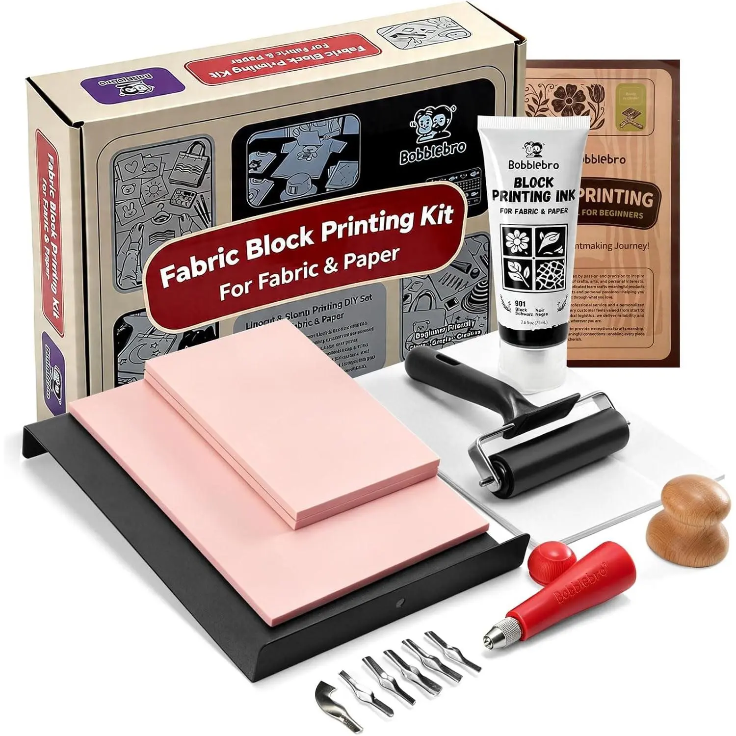 Linocut Kit for Printmaking, Fabric Block Printing Kit with Ink | Stamp Making Kit, Linoleum Blocks, 2.6 oz Fabric Ink for Fabric & Paper, Carving Tools, Adult DIY Art, Back To School Gift