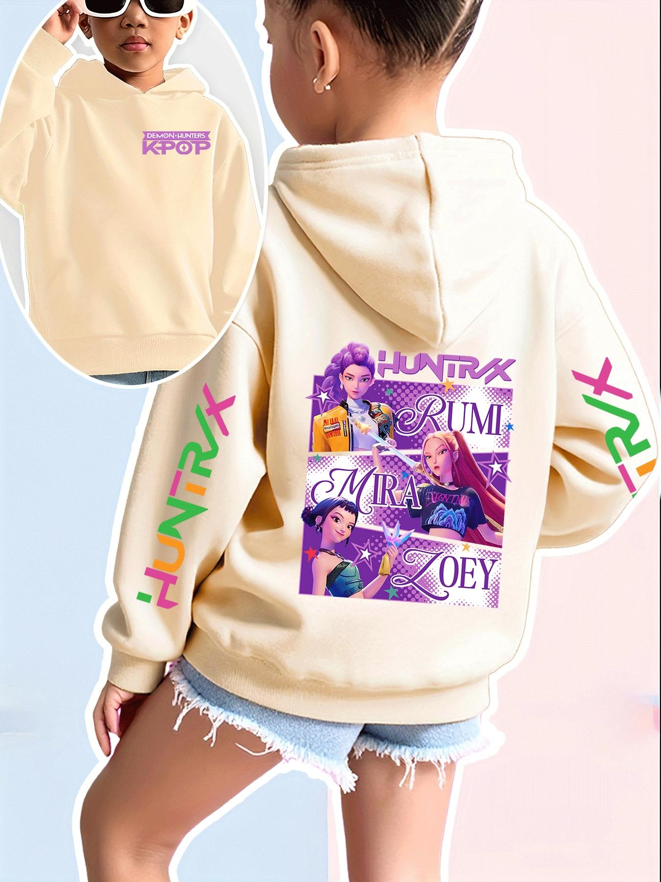 Girls Kpop Demon Hunters Korean Fashion Graphic Casual Hoodie, Spring & Fall Comfortable Sweatshirt, Creative Anime Print, Christmas Gift, Daily Wear