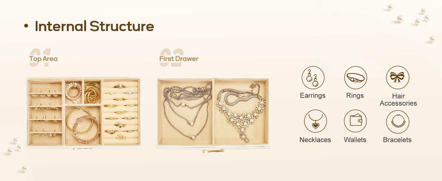 Jewelry Box with 1 Drawers: Display Organizer for Earrings Necklaces - Christmas Gifts for Girls Women (White)