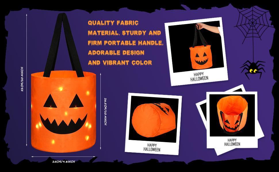 4 Pcs Halloween Candy Bucket with LED Lights Trick or Treat Bags Pumpkin Candy Bags Reusable Tote Bags for Students Adults,Night Light Bags for Home Garden Lawn Decorations,Halloween  inside decor Birthday Christmas Party Favor Supplies