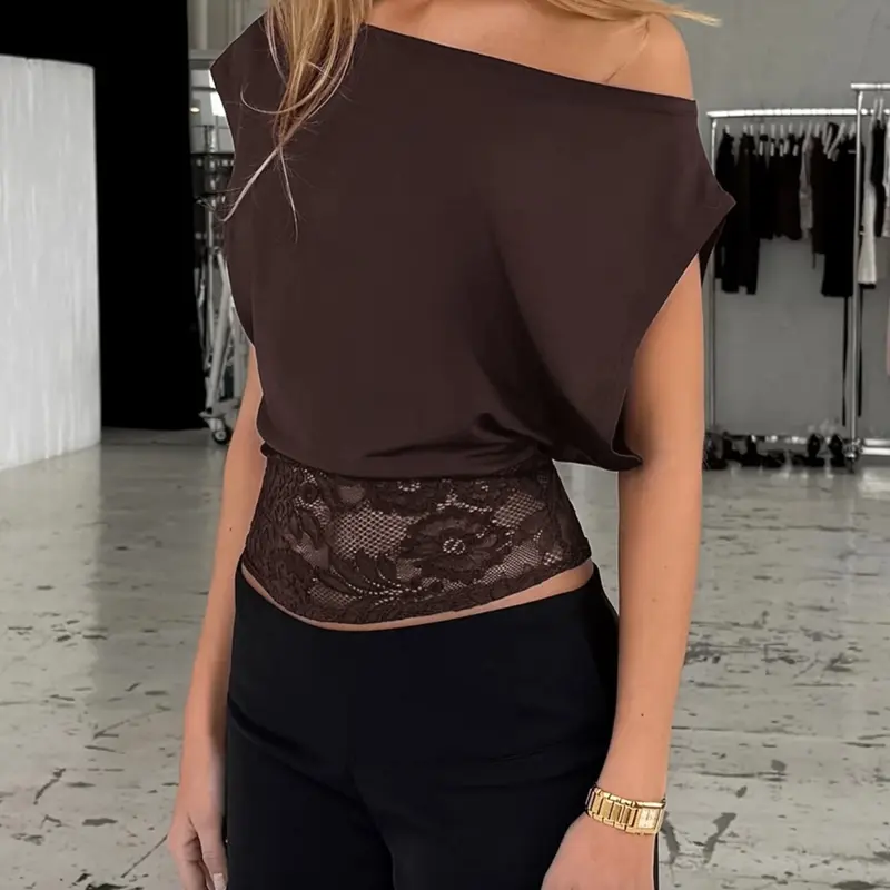 Elegant Lace Patchwork Asymmetrical Neckline Top Women Sexy Off the Shoulder Summer Crop Top