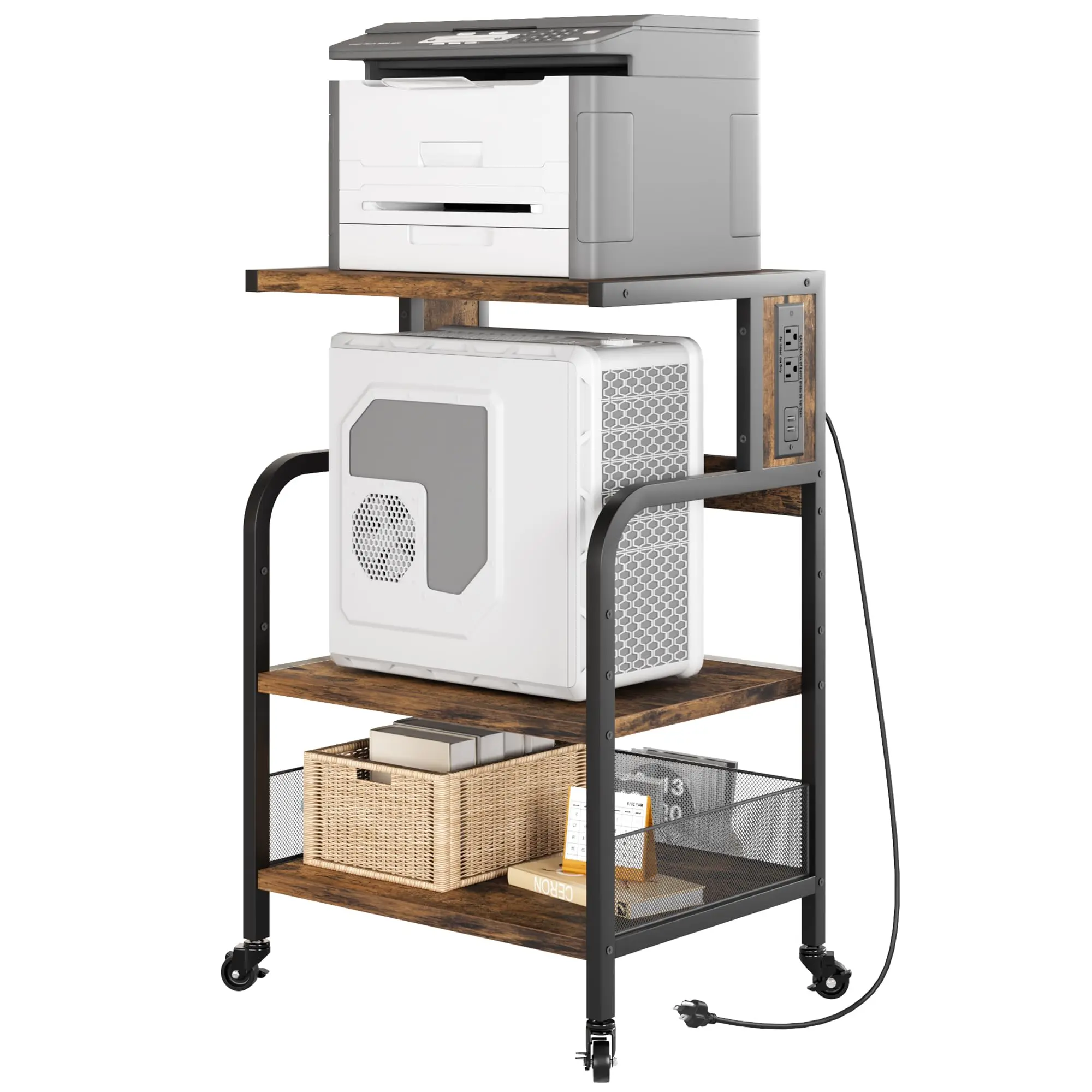 Garvee Large 3-Tier Industrial Rolling Printer Stand with Power Outlets, USB Ports, Sturdy Metal Frame, Adjustable Shelves, Storage Space, and Lockable Wheels for Office Organization