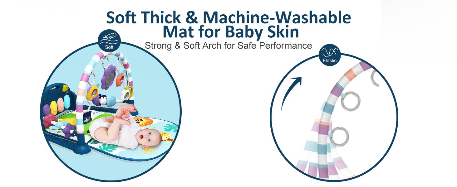 Baby Play Mat Baby Gym,Funny Play Piano Tummy Time Baby Activity Mat with 5 Infant Sensory Baby Toys, Music and Lights Boy & Girl Gifts for Newborn Baby（Blue）