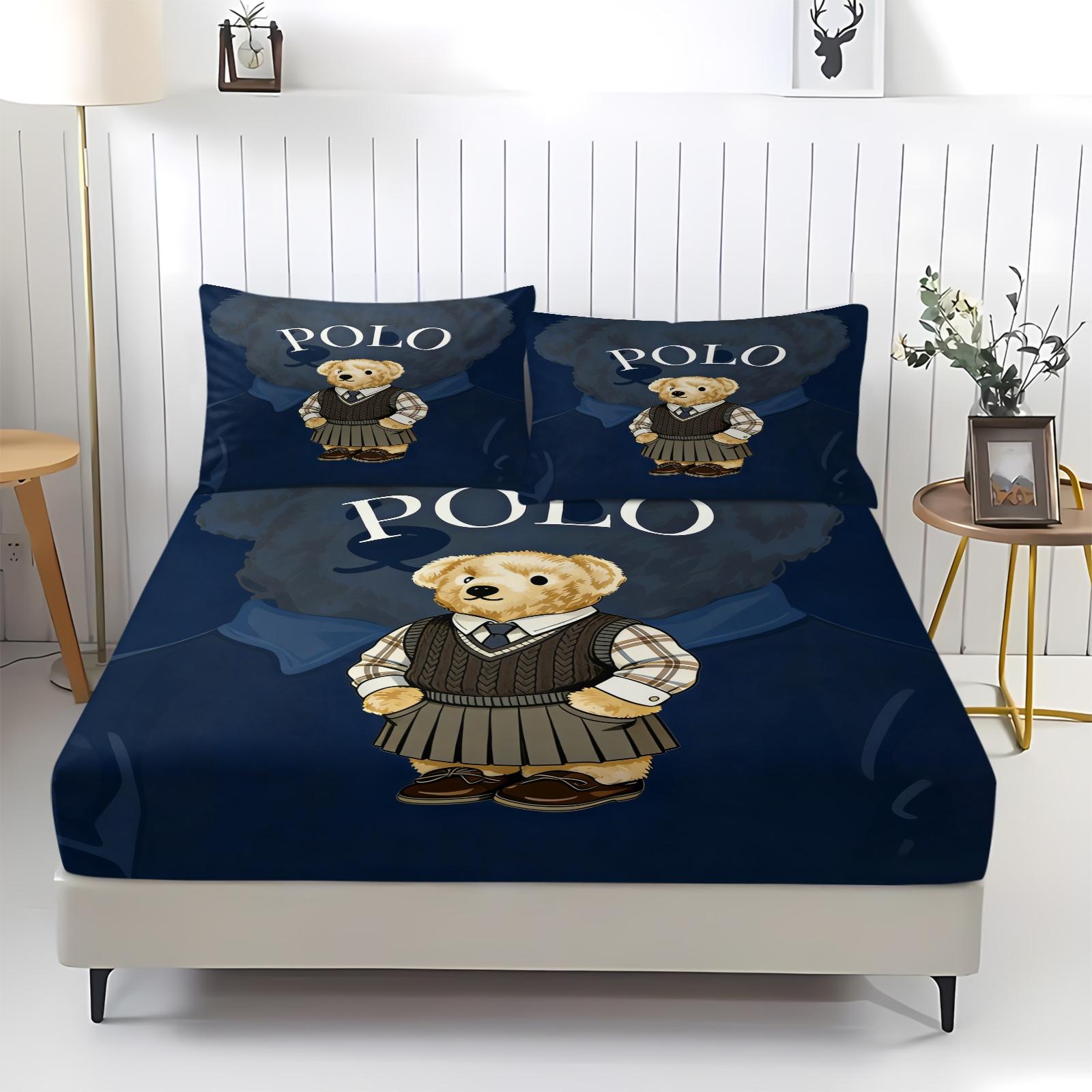 Teddy Bear Pattern Bed Sheet, Comfortable Printed Pattern, Includes 1 Bed Sheet and 2 Pillowcases, Comfortable Bedding, Non slip Dust Cover Suitable for Bedroom and Guest Room, Suitable as a Gift for Children or Adults