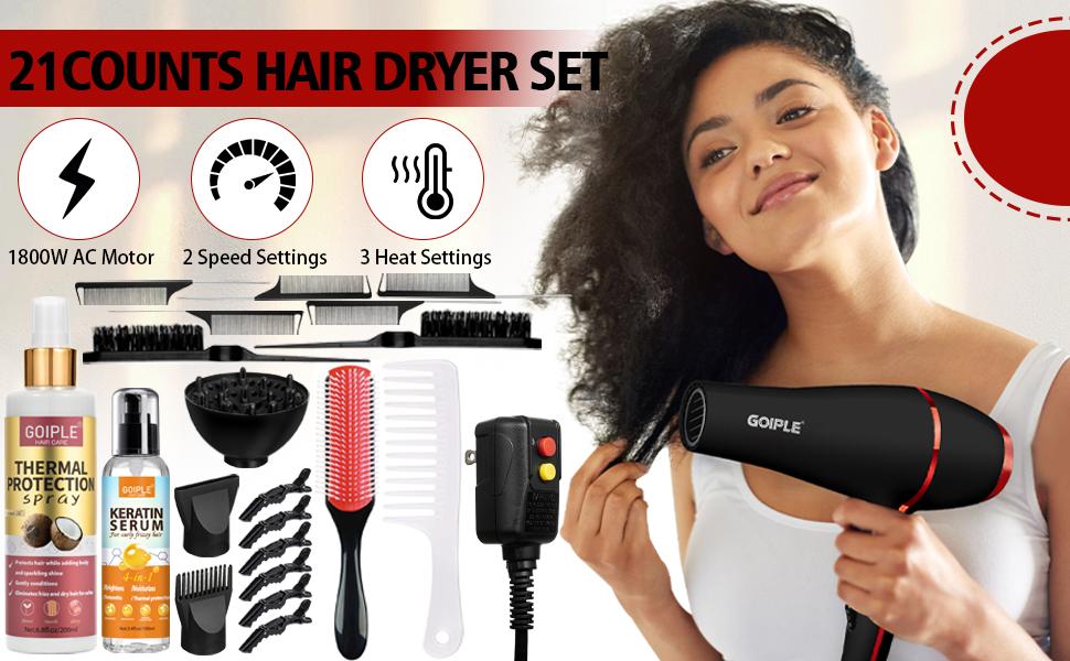 21 Counts Lightweight Ionic Hair Dryer Kit for Women and Men - Low Noise, 1800W Professional Blow Dryer for Smooth Keratin Serum Concentrator