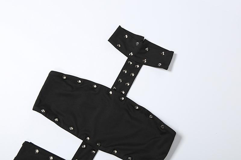 DOUCIU Basic Solid Color Simple Casual Tight Sexy Hot Hip Hop Trendy Cool Nightclub Party Pant Women's Thin Rivet Hanging Neck Bareback jumpsuit