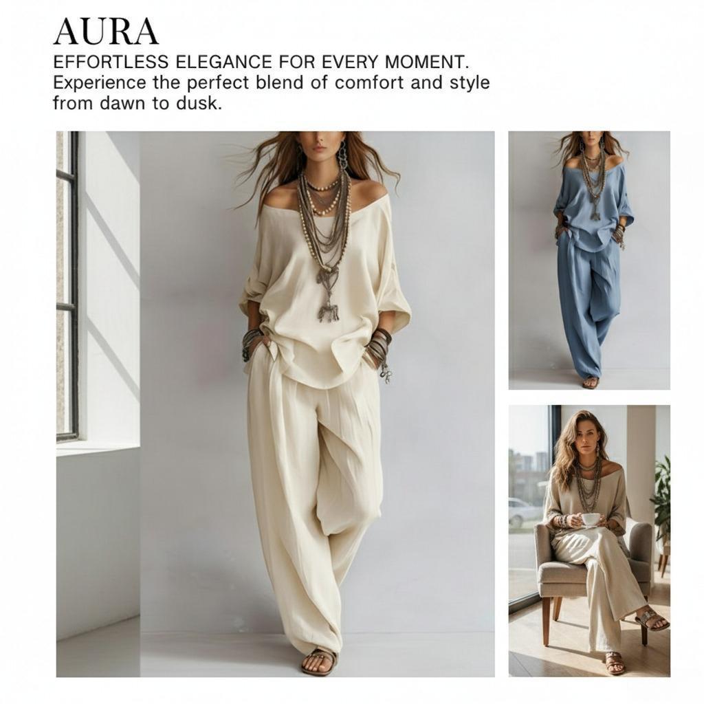 Women's 2-Piece  Set, Summer New Casual Elegant Commuting Outfit with Loose 7-Quarter-Sleeved Top and Wide-Leg Pants
