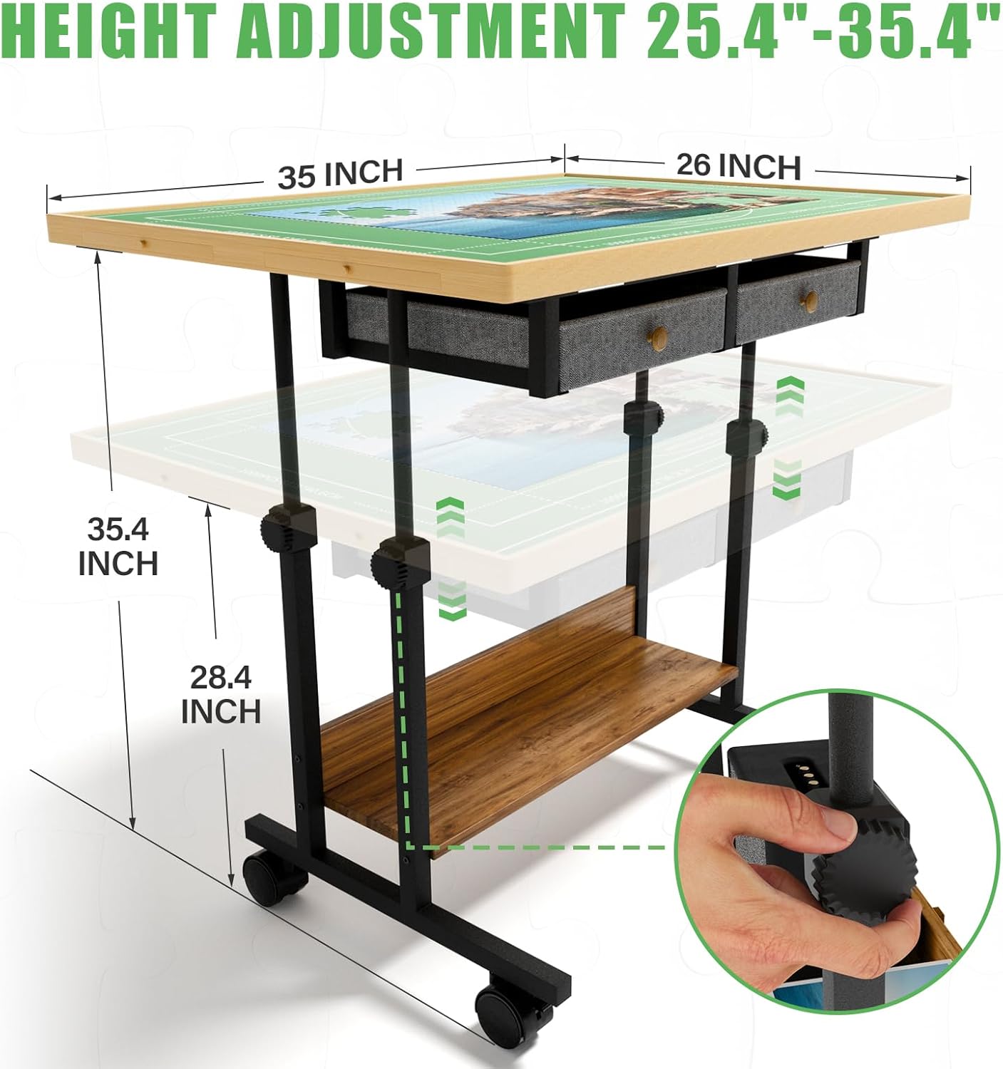 POZILAN 1500-2000 Piece Jigsaw Puzzle Table with Legs, Adjustable 5-Tilting-Angle Board with 6 Drawers with 4 Wheels for Adults