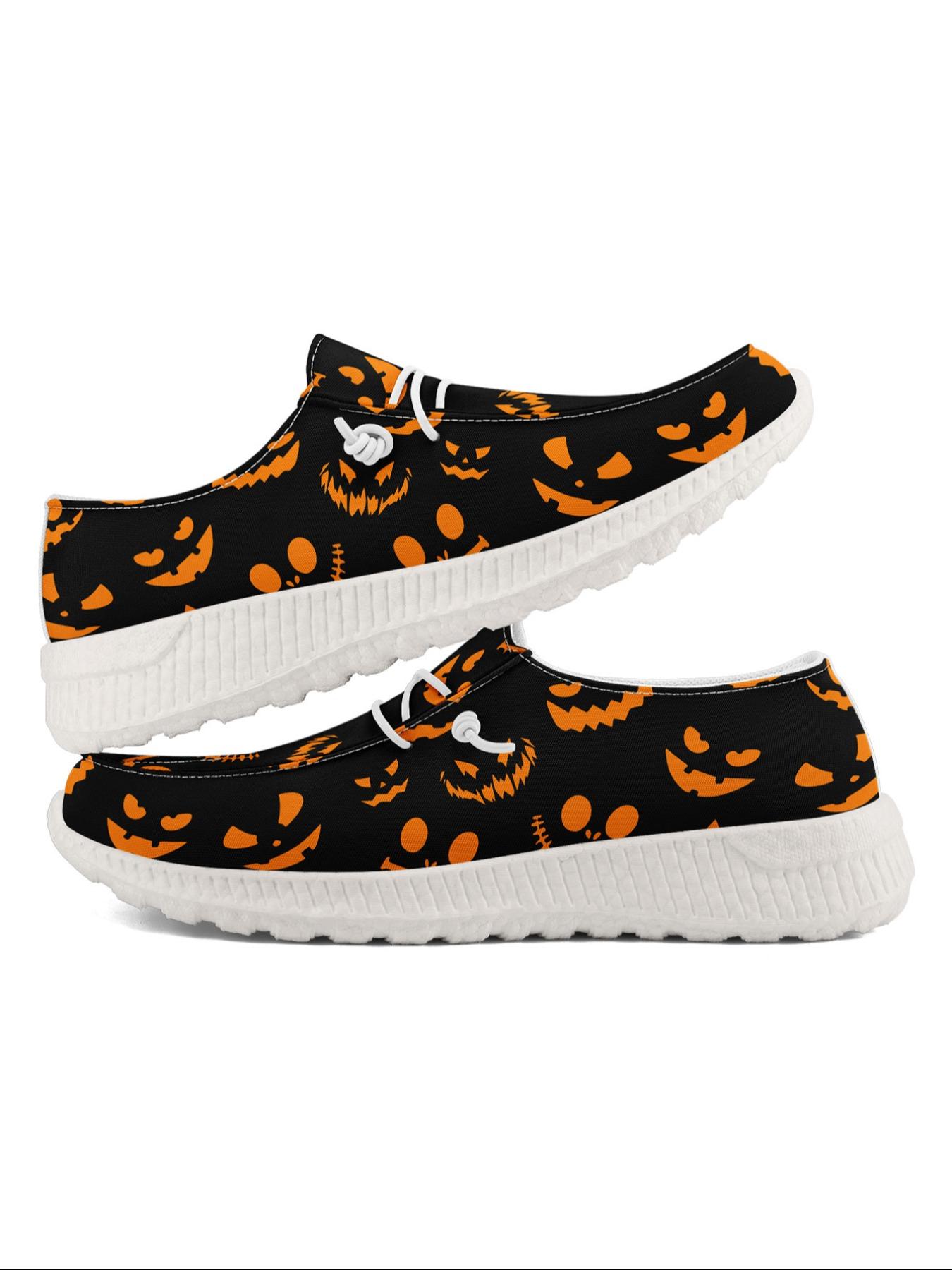 Women's Halloween Themed Ghost & Pumpkin Print Lace Up Low Top Sneakers, Casual Comfortable Breathable Sports Shoes, Fashionable All-match Sneakers for Daily Wear