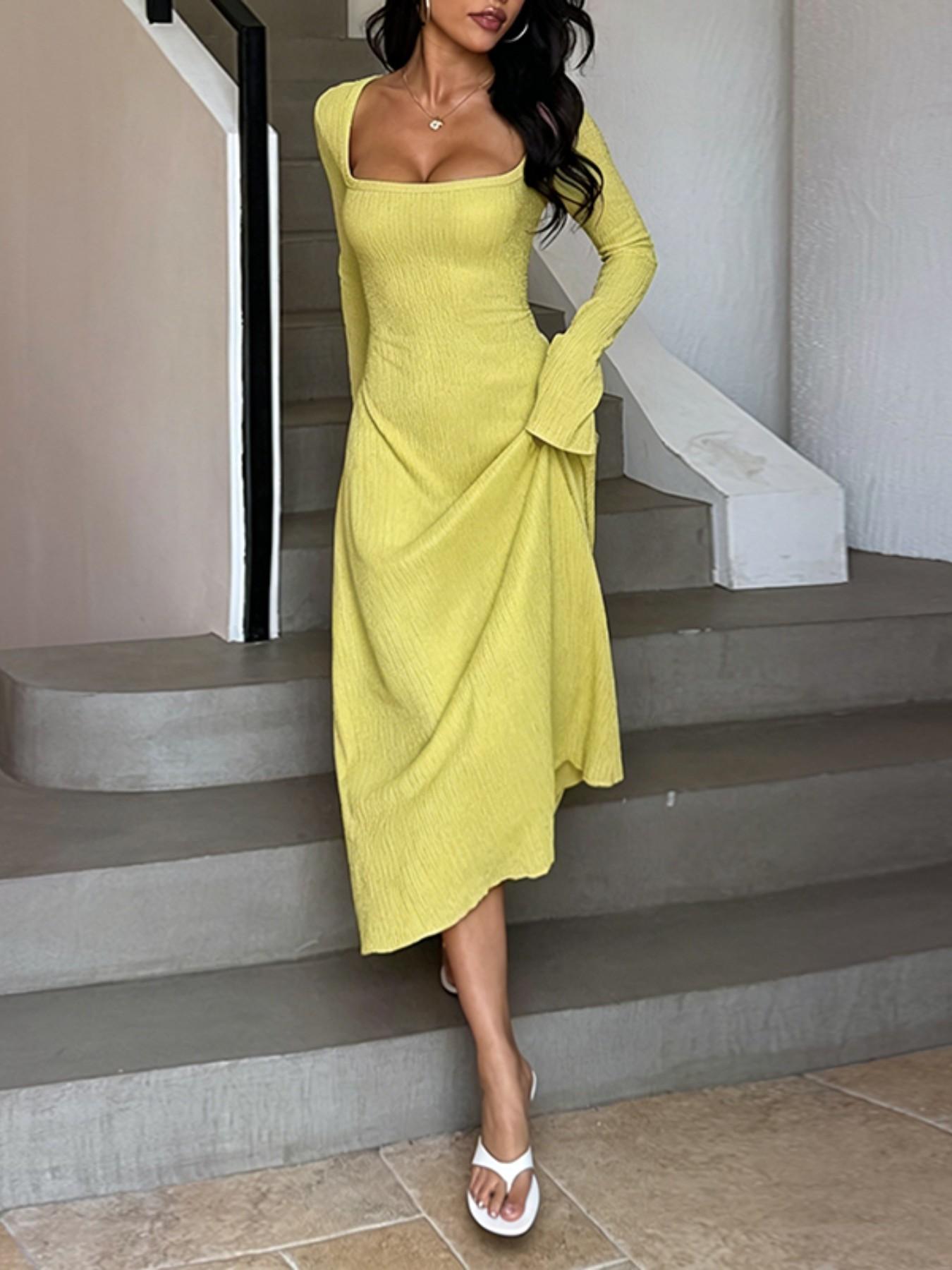 Women's Plain Lace Up Tie Back Flounce Sleeve Dress, 1 Count Elegant Square Neck Long Sleeve A Line Dress for Formal Party Holiday Wedding Guest, Ladies Spring&Fall Clothes