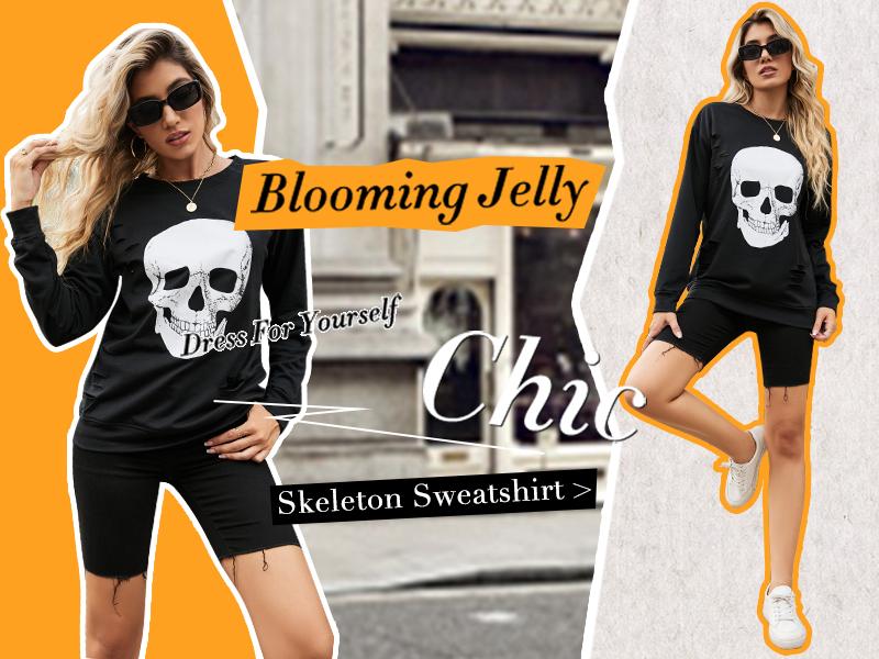 Blooming Jelly Halloween Sweatshirts Skull Graphic T Shirts Women's Long Sleeve Pullover Tops Gothic Fall Clothes
